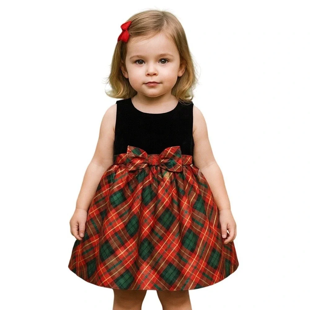 Gymboree Girls 3T‎ Dress Velvet Plaid Holiday Sparkle Bow Party Special Occasion